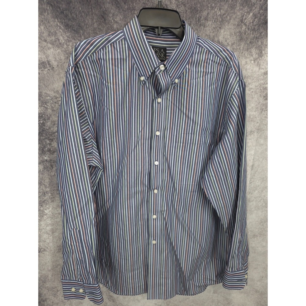 Jos A Bank Traveler Shirt Mens Large Blue Striped Button‎ Up Long Sleeve Cotton